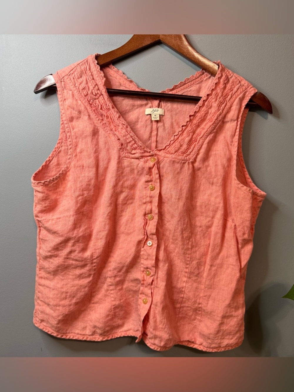 J. Jill 100% Linen Button Front Tank Top Coral Pink Eyelet Trim Size Medium - Picture 2 of 10